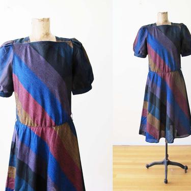 Vintage 80s Striped Dress M - Puff Sleeve 1980s Midi Dress - Navy Blue Burgundy Puff Sleeve Day Dress - Casual Sundress - 80s Clothing 