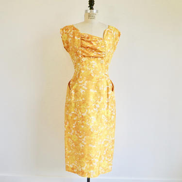 Vintage 1950's Yellow Silk Floral Print Wiggle Dress Sheath Style with Matching Bolero Jacket 30.5&amp;quot; Waist Medium 