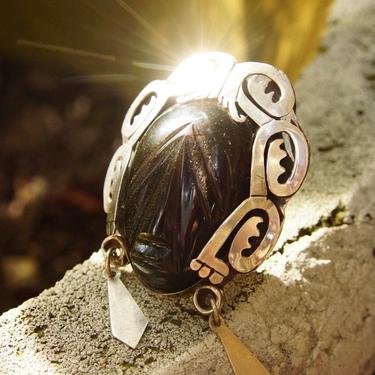 Vintage TAXCO Sterling Silver Carved Stone Warrior Brooch/Pendant, Aztec Warrior, Mexico 925, Iridescent Black Stone, 2 1/2&quot; L 