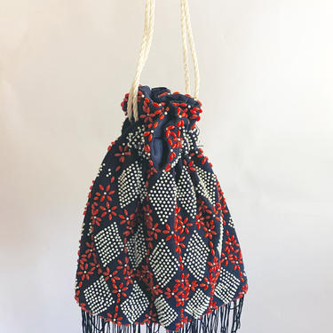 Vintage drawstring beaded purse, blue, red, white 