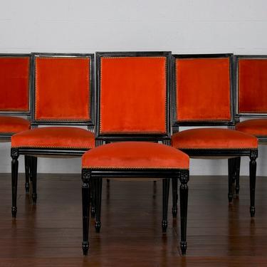 Antique Set of 6 French Traditional Louis XVI Provincial Square Back Ebonized Dining Chairs by StandOutSpaces