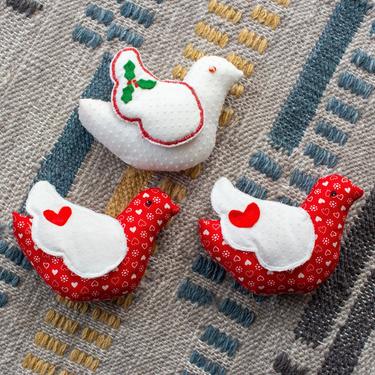 Vintage 1970s Handmade Christmas Tree Ornaments - Calico Fabric Kitschy Ornaments Holiday Decor Peace Doves - Set/3 