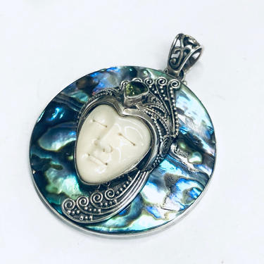 Unique Silver Pendant with Abalone and Face, Face Pendant, Abalone Jewelry, Green Peridot Gemstone, Shell Jewelry 