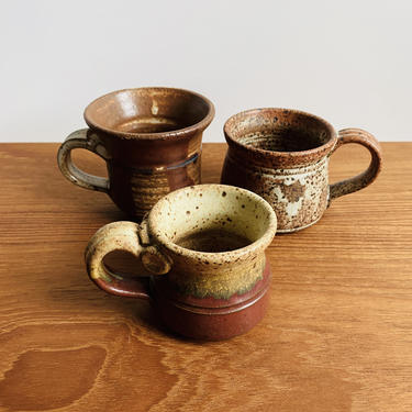 Mixed set of 3 small mugs / signed handmade earthy vintage pottery / espresso or hot chocolate cups 