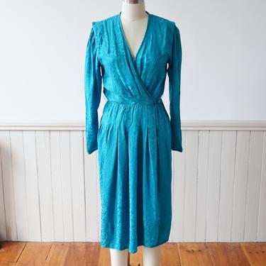 1970s/1980s Turquoise Silk Wrap Dress | with Optional Wide Belt | S 