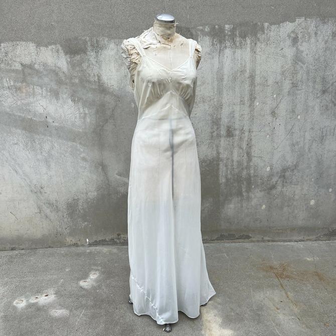 Vintage 1930s 1940s White Parachute Rayon Dress Slip Bias Full Length Appliqués