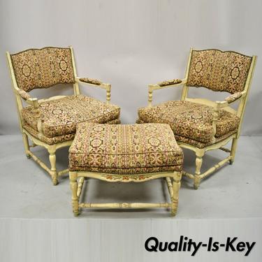 Vintage French Provincial Cream Distress Painted Lounge Arm Chairs and Ottoman