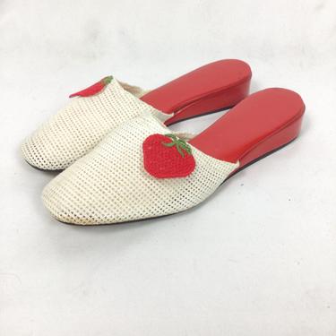 Vintage 70s shoes | Vintage red patent leather mesh slides  | 1970s strawberry slippers 