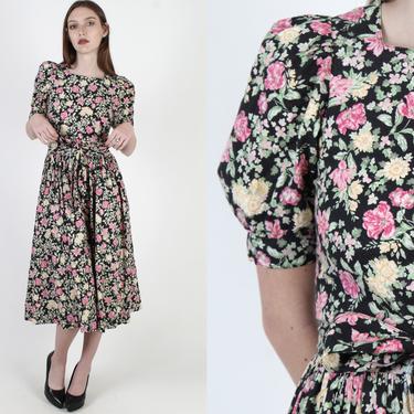 Vintage 80s Laura Ashley Floral Dress / 1980s Pink Rose Flower Dress / Womens Garden Lawn Clothing / Black Cotton Midi UK 8 US 6 