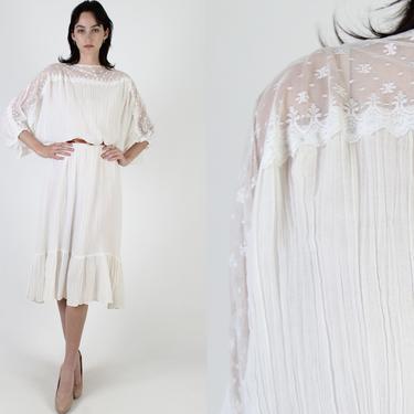 Vintage 80s Ivory Gauze Dress, Simple Sheer Floral Lace Dress, Elegant Bohemian Lawn Garden Midi Mini Dress 
