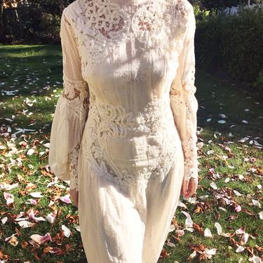 Incredible Antique Battenberg and Swiss Dot Lace Wedding Gown 