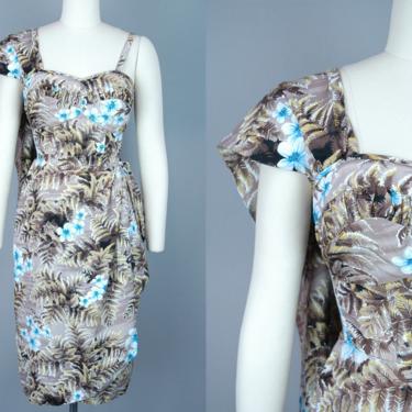 1950s Deadstock Hawaiian Sarong Dress with Shoulder Drape | Vintage 50s Brown & Blue Floral Foliage Print Dress | xs 