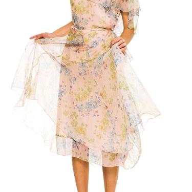 1920S Baby Pink Floral Silk Mousseline Fully Lined Dress With Unique Pin-Tuck Deco Appliqué Capelet 