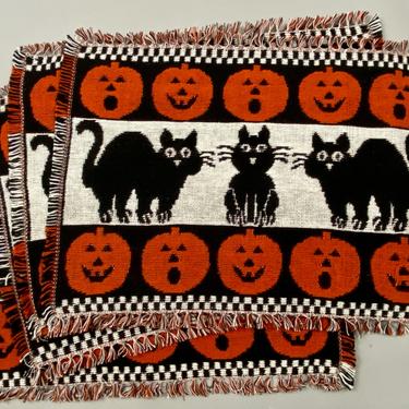 Vintage Halloween Placemats Woven Tapestry Set of 4  Black Cats Jack o' Lanterns 
