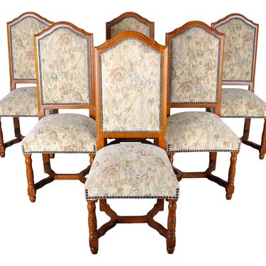 1940s Set of 6 French Oak Dining Chairs W/ Floral Upholstery 