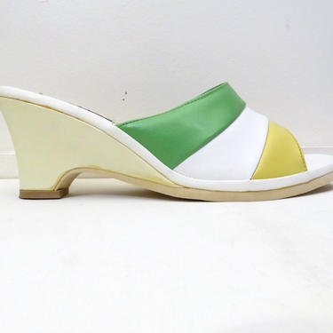 Vintage 70s Vegan Leather Colorblock Wedge Heel Slides Sandals Size 8 
