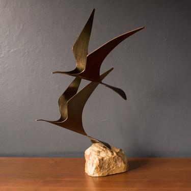 Original Brass Curtis Jere Birds on Rock Sculpture 