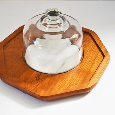 Danish Modern Teak and White Marble Cheese Board with Glass Dome by Dolphin 