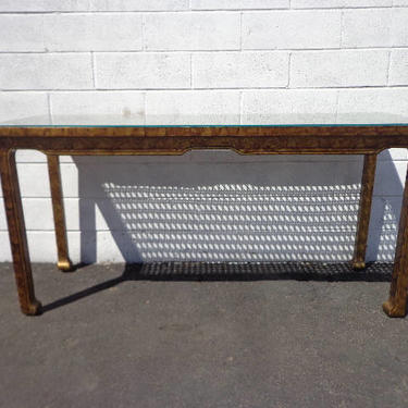Console Sofa Table Burl Tortie Finish Cane Vintage Entry Way Chinoiserie Chippendale Ming Server TV Stand Media Console Desk Mid Century 
