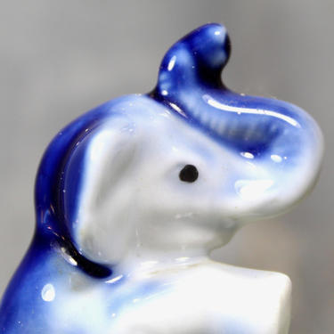 Small Blue and White Ceramic Lucky Elephant - Trunk Up Elephant - Sitting UP Elephant | FREE SHIPPING 