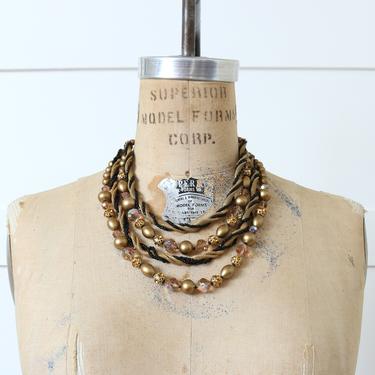 vintage 1960s necklace • glam faceted glass & mesh beaded necklace in gold black and bronze 