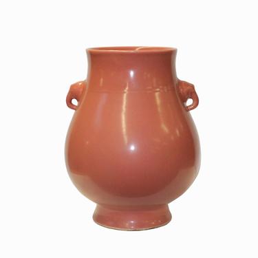 Chinese Elephant Head Accent Pink Orange Glaze Vase Pot ws1138E 