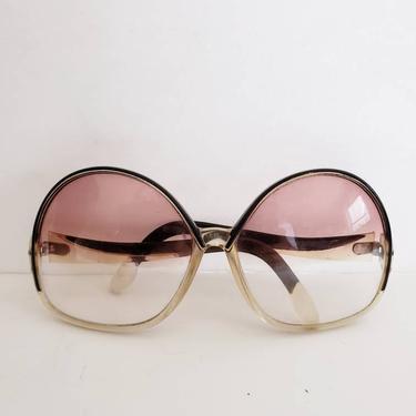 1970s Sunglasses Ombre Beige Black Lucite Pink Lenses / 70s Oversized Statement Glasses Shades / Shane 