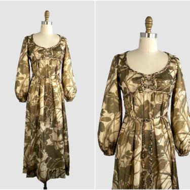 GOLDEN RENAISSANCE Vintage 60s Dress | 1960s Floral Gold Metallic Empire Waist Maxi Gown | Boho Holiday Cocktail Party, Hippie | Size Small 