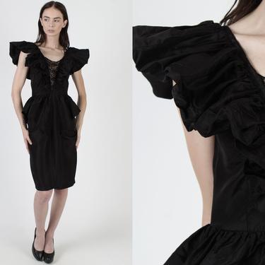 Vintage 80s Gothic Wedding Dress / Black Lace Medieval Style Dress / Avant Garde Open Back Ruffle Mini Dress 