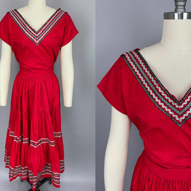 1950s Red Cotton Patio Set | Vintage 50s Two Piece South Western Set with Full Circle Skirt | medium 