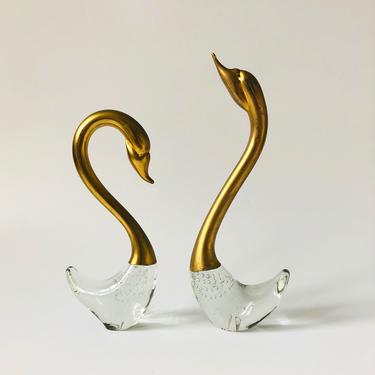Pair of Vintage Brass and Art Glass Swans 