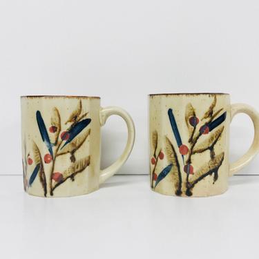 Vintage Mugs/ Otagiri/ Pottery/ Stoneware/ Speckled/ Botanical/ Leaves/ Brown/ Blue/ Orange/Geometric Shape/ Made in Japan 
