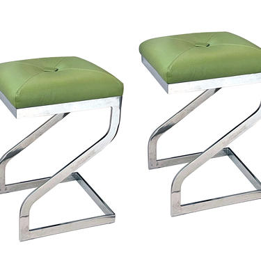 Pair of 1970's Z-form Chrome Stools with Apple Green Leather Upholstery