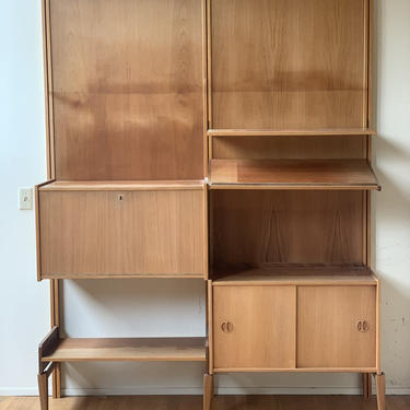 Free Shipping Within US - Danish Oak Mid Century Modern Wall Unit Bar Modular Solid Wood with Cabinet 