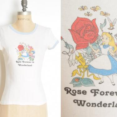 vintage 90s baby tee top Alice in Wonderland print ringer t shirt Disney XS S grunge clothing 