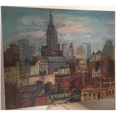 Mid Century Modern, vintage abstract cityscape painting oil  on canvas 