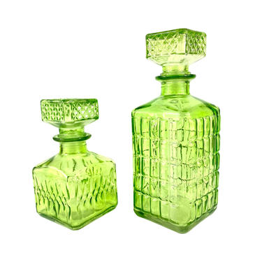 Vintage Midcentury Modern Green Decanters Liquor Decanter Barware Green Glass Boho Eclectic, 2 Piece Small &amp; Medium 