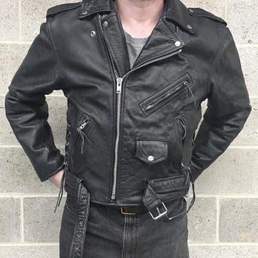 Vintage Motorcycle Jacket Retro 1980s Shaf Leather Collections + Size 48 + Zippered Sleeves + Lace Up Sides + Moto + Belted + Unisex Apparel 