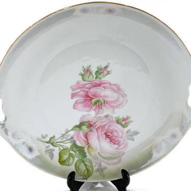 Vintage P V Vessra Hand Painted Germany Serving Platter or Cake Plate With Pink Roses 