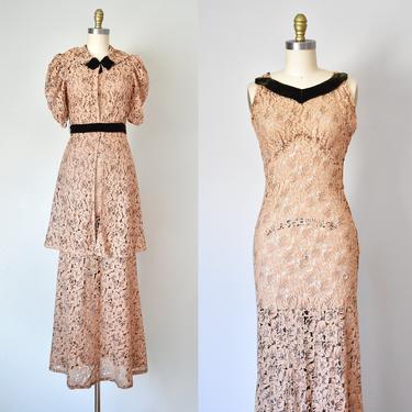 Emmanuelle lace and velvet maxi dress jacket, 1930s dress, pink dress evening gown, art deco vintage dress 