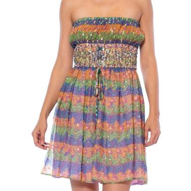 1960S VALENTINA Rainbow Psychedelic Polyester Chiffon Strapless Beaded Mini Cocktail Dress 