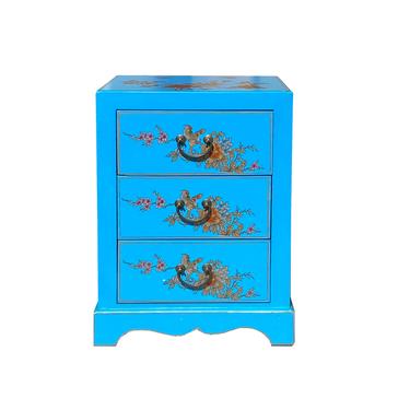 Chinese Light Blue Vinyl Flower Birds 3 Drawers End Table Nightstand cs6092E 