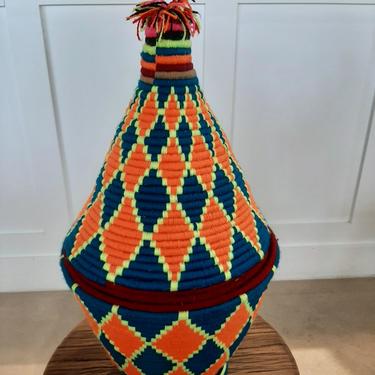 Hand Woven Cotton Wool Moroccan Bread Basket (Blue/ Orange)