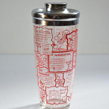 Vintage Glass Cocktail Shaker with Red Classic Drink Recipe Graphics, Retro Barware 