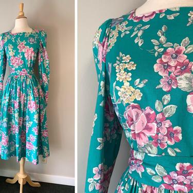 Vintage 1980s Laura Ashley Teal Floral Cotton Dress | Size Small 
