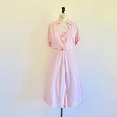 Vintage 1950's Pastel Pink Fit and Flare Dress Matching Jacket White Lace Trim Full Skirt Spring Rockabilly Polly Brief 29.5&amp;quot; Waist Medium 