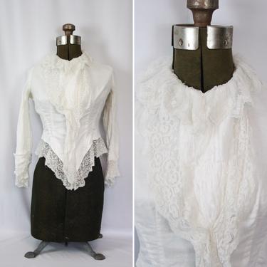 Victorian Shirtwaist | Vintage white cotton lace blouse | 1900s white top with ruffle jabot 