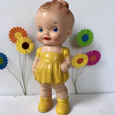 Vintage Rubber Squeaker Girl Doll, Sun Rubber Company Ruth E. Newton, Squeaky Doll Yellow Dress, Happy Girl Still Squeaks, Nursery Decor 