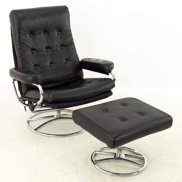 Ekornes Mid Century Black Leather Chrome Base Lounge Chair and Ottoman 