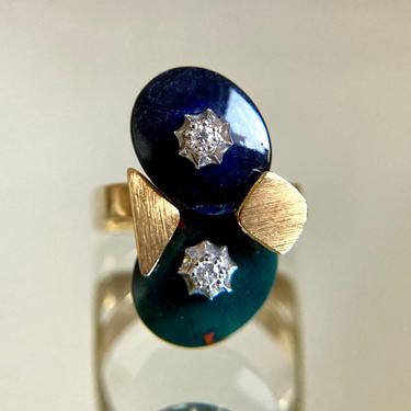 Cool Modernist 18K Yellow Gold Bloodstone Blue Jasper Diamond Ring Sz 7.5 Signed 